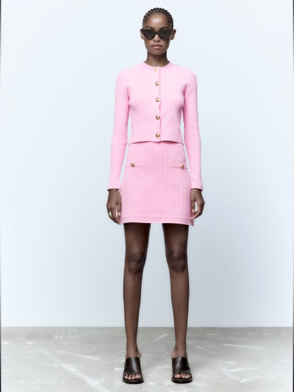 Zara gold button pink knit skirt and cardigan COORD SET , S/M